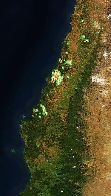 Mapa incendios forestales Chile desde el 23 al 27 de Enero