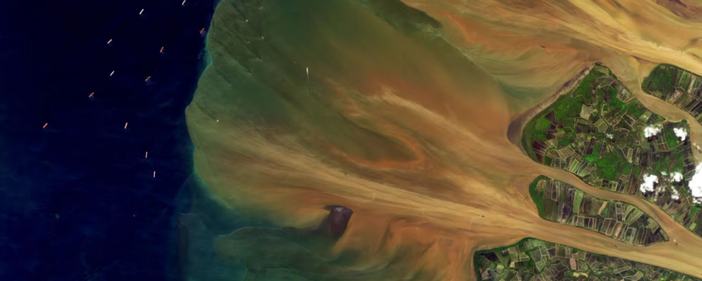 PlanetScope image of the Mahakam River and Makassar Strait in Indonesia, captured April 28, 2025